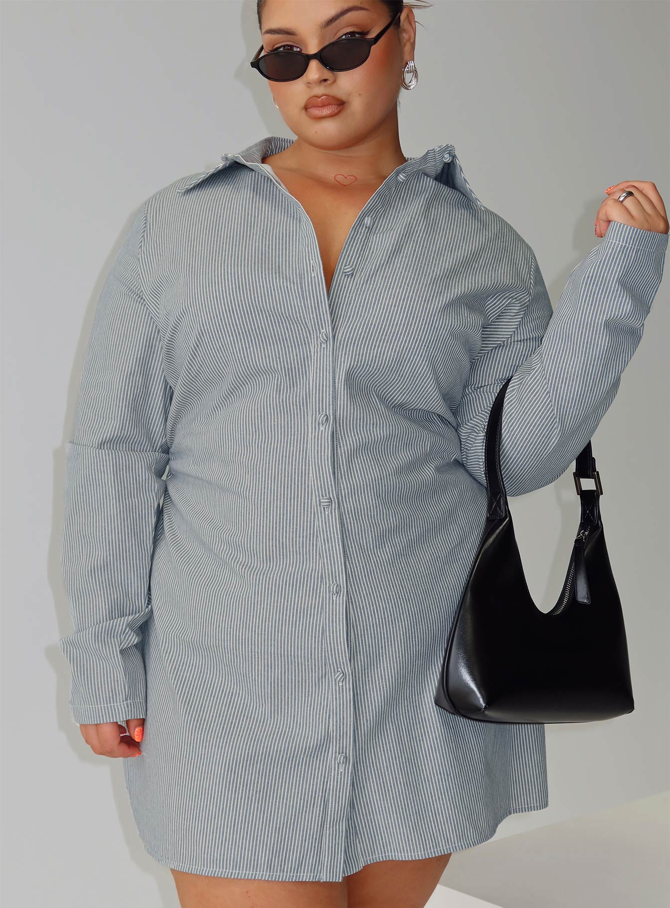 Publicity Long Sleeve Mini Dress Blue Pinstripe Curve