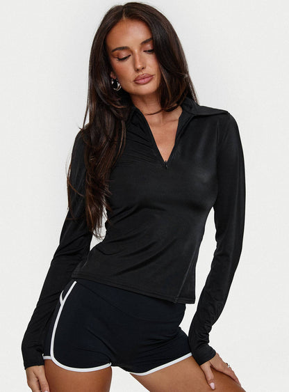 Celosiah Zip Up Collared Top Black