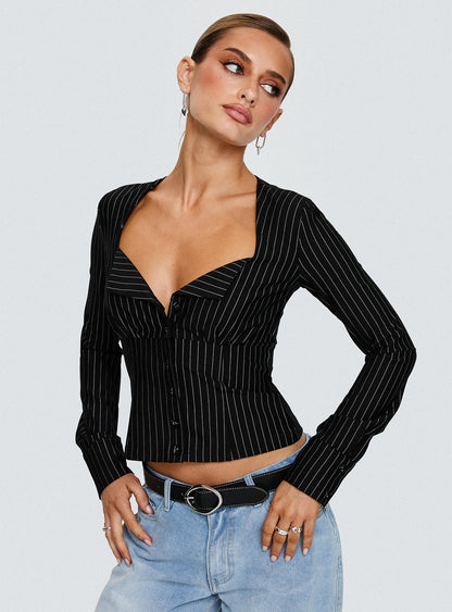 Set For Life Foldover Detail Long Sleeve Top Black / White Pinstripe